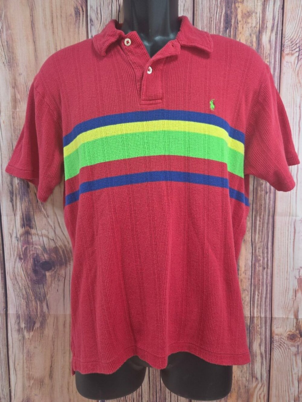 Polo Ralph Lauren Red Textured Cotton Polo Shirt Large With Multicolor Stripes